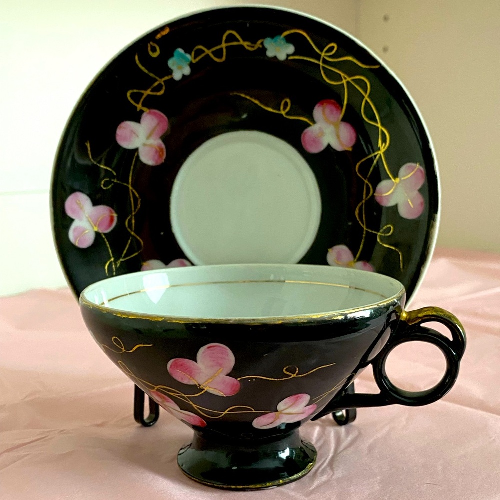 VTG Shafford Hand Painted Japan Teacup and Saucer Black with Pink Flowers